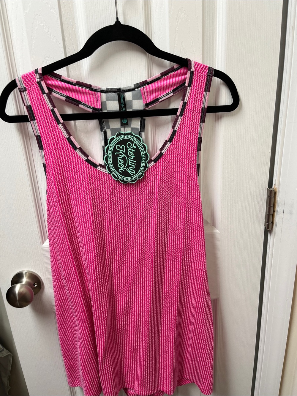 Stunning Pink Ribbed Tank with Contrast Check Trim